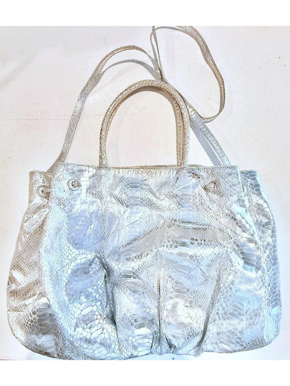 Vintage Fatto a Mano Carlos Falchi Silver Metallic Snakeskin Faux Leather Hobo